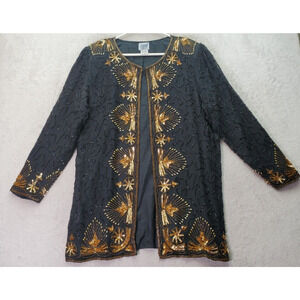 Vintage Sweet Sue Blazer Jacket Women's‎ Small Black Gold Beaded Sequin Metallic